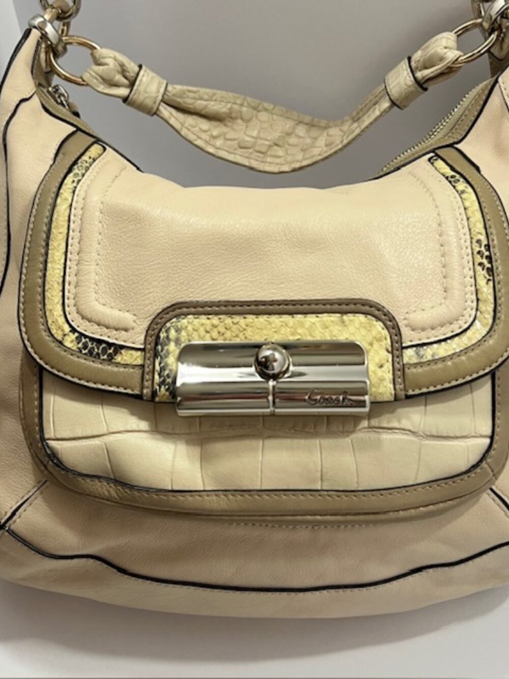 COACH KRISTIN SPECTATOR LEATHER HOBO BAG EMBOSSED PYTHON TRIM W/CROSSBODY STRAP